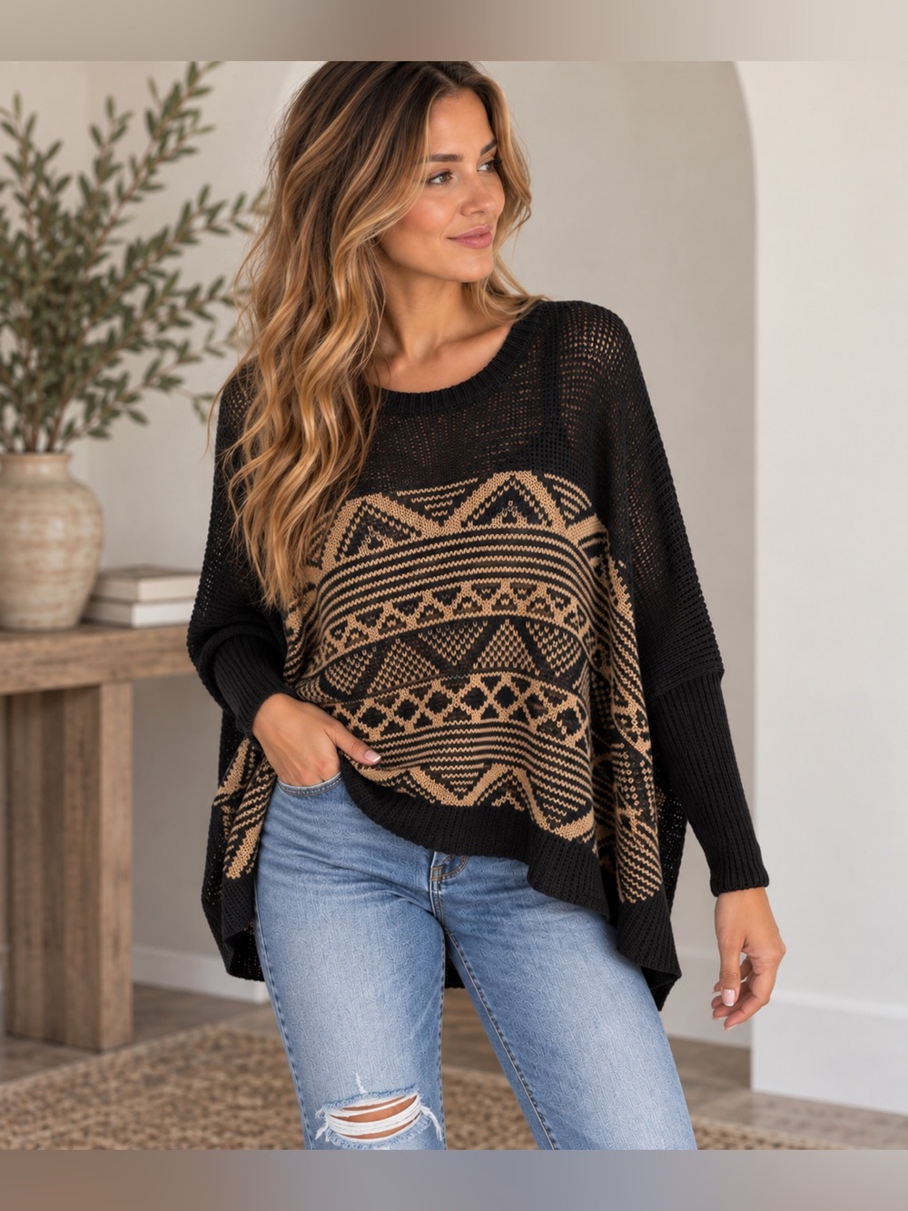 Wooden Ships Southwestern Geometric Poncho Sweater Black Tan S/M